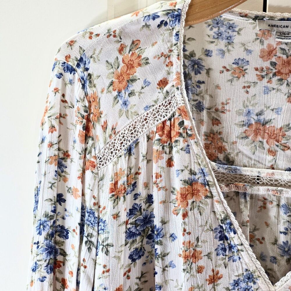 American Eagle Women L Floral Peplum Blouse Lace Cottagecore Prairie Boho Cute - Picture 11 of 12